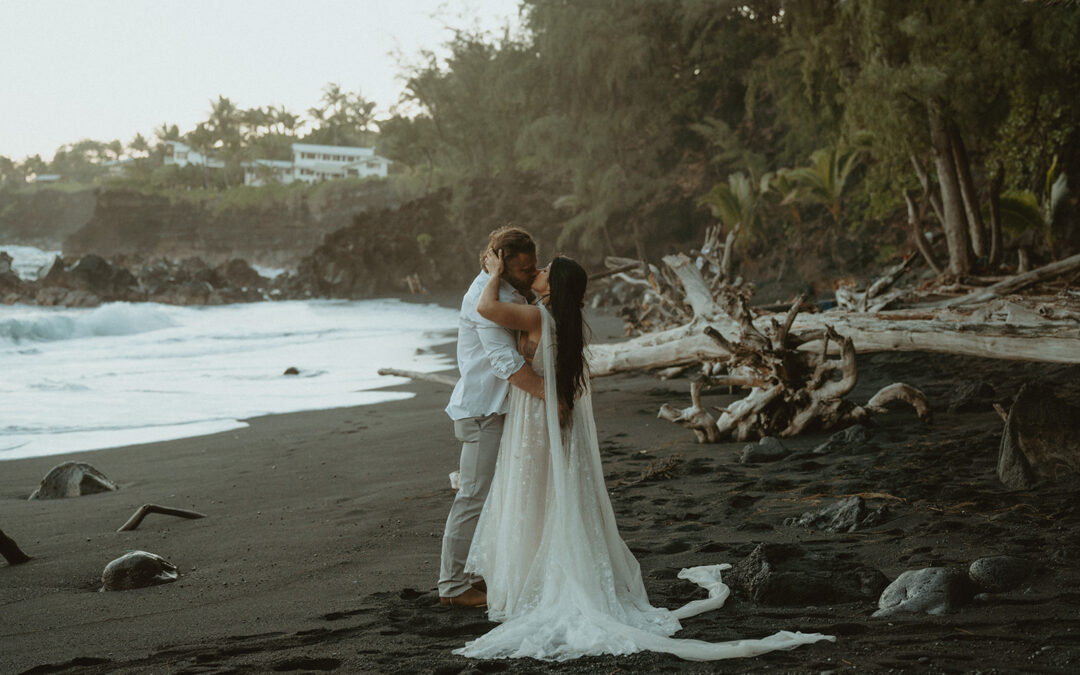 Big Island Black Sand Beach Elopement | Adventure Portraits at Sunset